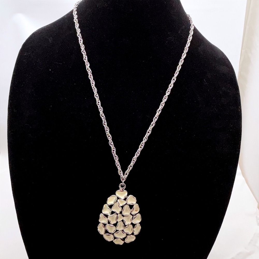 Silver Tone Pendant Necklace Teardrop Shape Modern Textured 24 in
